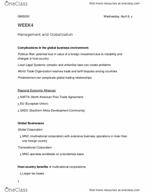 GMS 200 Lecture Notes - Lecture 1: Southern African Development Community, North American Free Trade Agreement, Multinational Corporation thumbnail