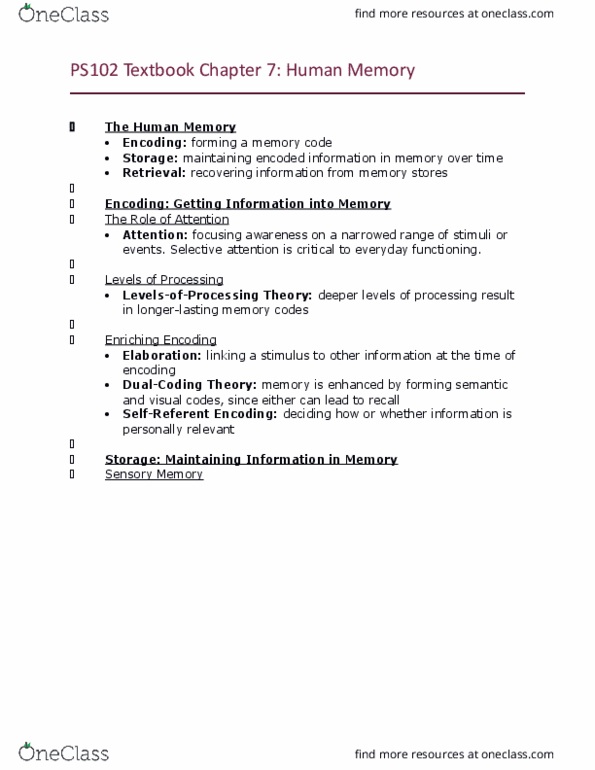 PS102 Chapter Notes - Chapter 7: Interference Theory, Procedural Memory, Retrograde Amnesia thumbnail