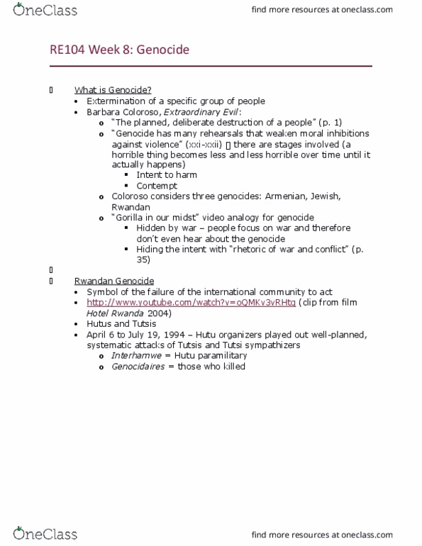 RE104 Lecture Notes - Lecture 8: Hotel Rwanda, Rwandan Genocide, Interahamwe thumbnail