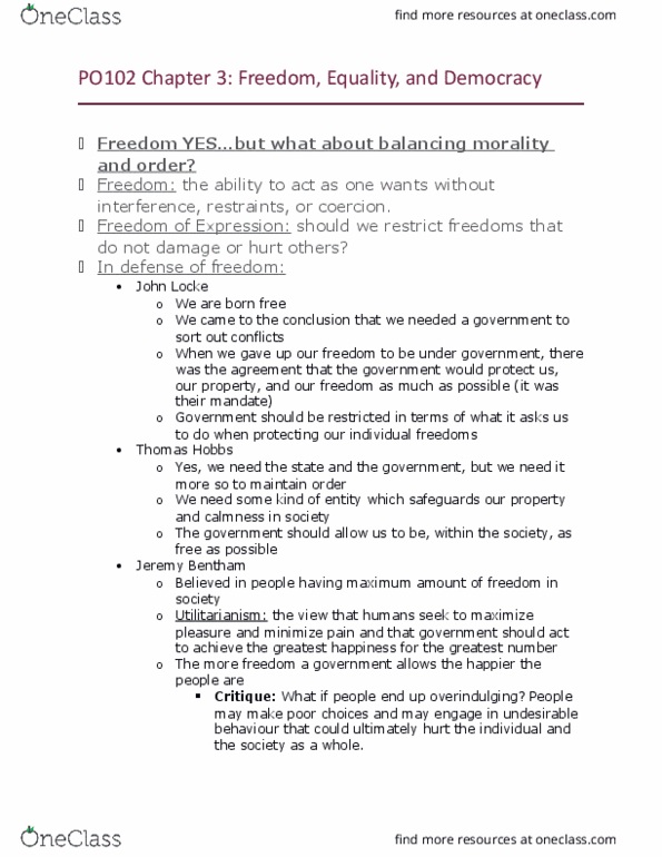 PO102 Lecture Notes - Lecture 3: Political Freedom, Social Mobility, John Stuart Mill thumbnail