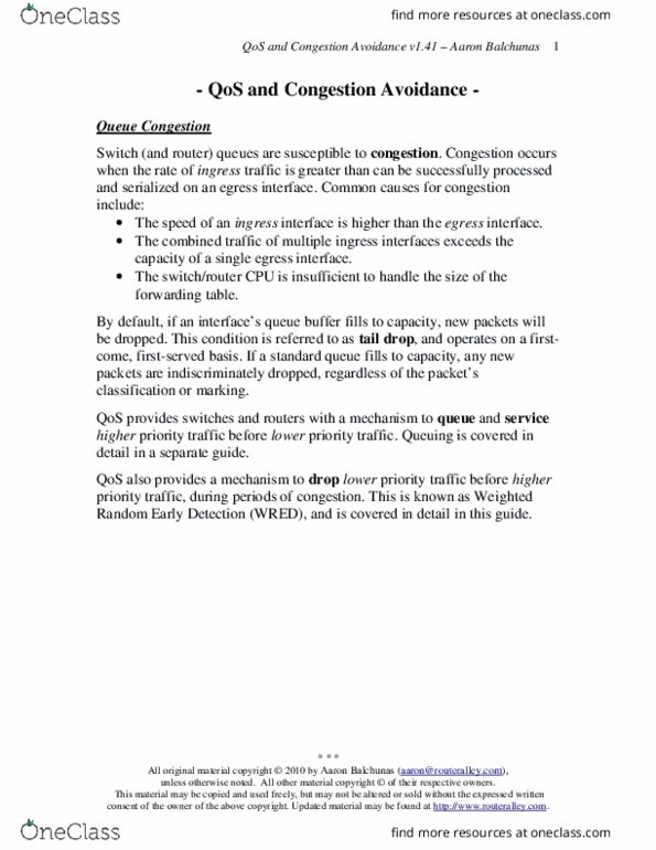 ECE495 Chapter Notes - Chapter 6: Random Early Detection, Priority Queue, Tail Drop thumbnail