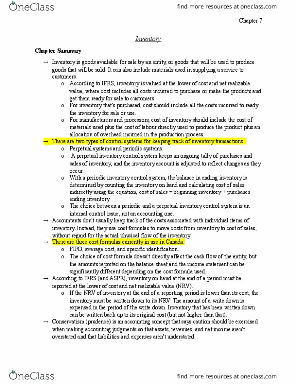 BUSI 2150U Chapter Notes - Chapter 7: Inventory Control, Perpetual Inventory, Cash Flow thumbnail