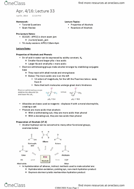 CHM136H1 Lecture 33: Properties and Reactions of Alcohols (Apr. 4/16) thumbnail