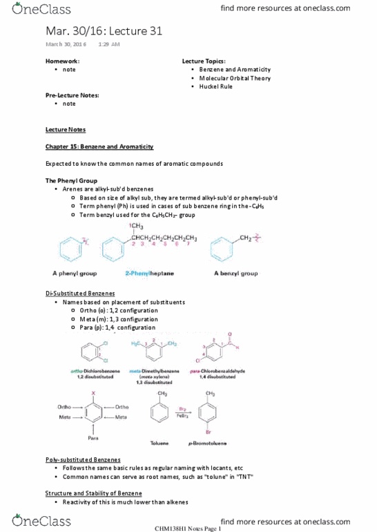 CHM136H1 Lecture Notes - Lecture 31: Phenyl Group, Benzene, Atomic Orbital thumbnail