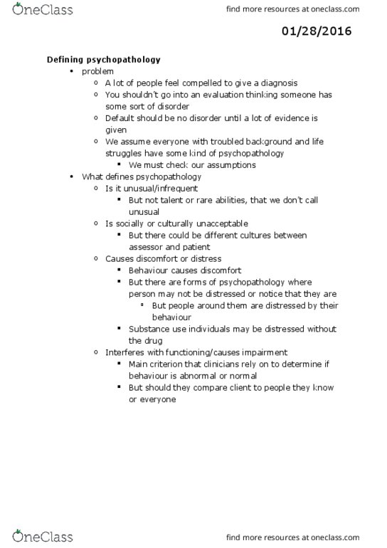 PSY 335 Lecture Notes - Lecture 2: Dsm-5, Mental Disorder, Psychopathology thumbnail