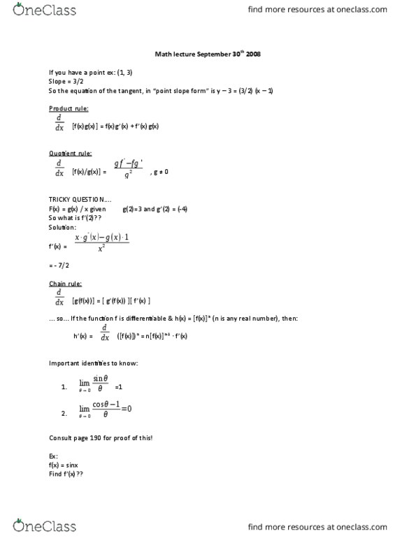 MATH 1007 Lecture Notes - Lecture 5: Quotient Rule, Chain Rule, Product Rule thumbnail