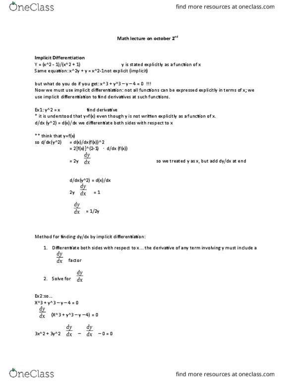 MATH 1007 Lecture Notes - Lecture 6: Implicit Function, Product Rule thumbnail