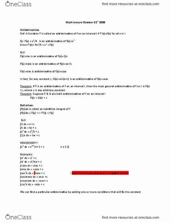 MATH 1007 Lecture Notes - Lecture 11: Antiderivative thumbnail