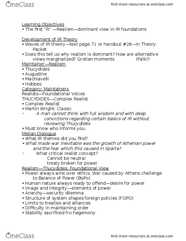 IR 210gw Lecture Notes - Lecture 7: Siege Of Melos, Hugo Grotius, Security Dilemma thumbnail