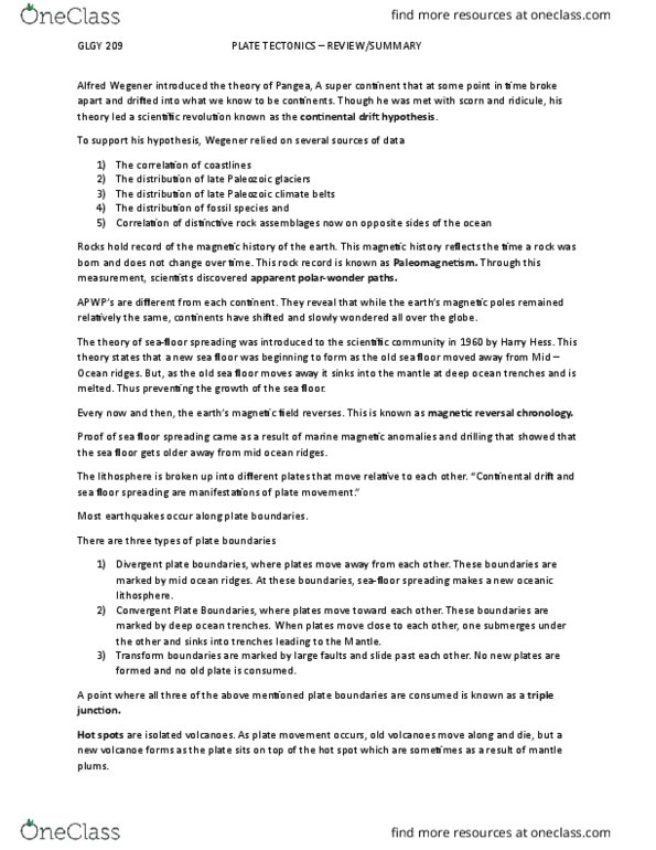 GLGY 209 Chapter Notes - Chapter 2: Mid-Ocean Ridge, Seafloor Spreading, Geomagnetic Reversal thumbnail