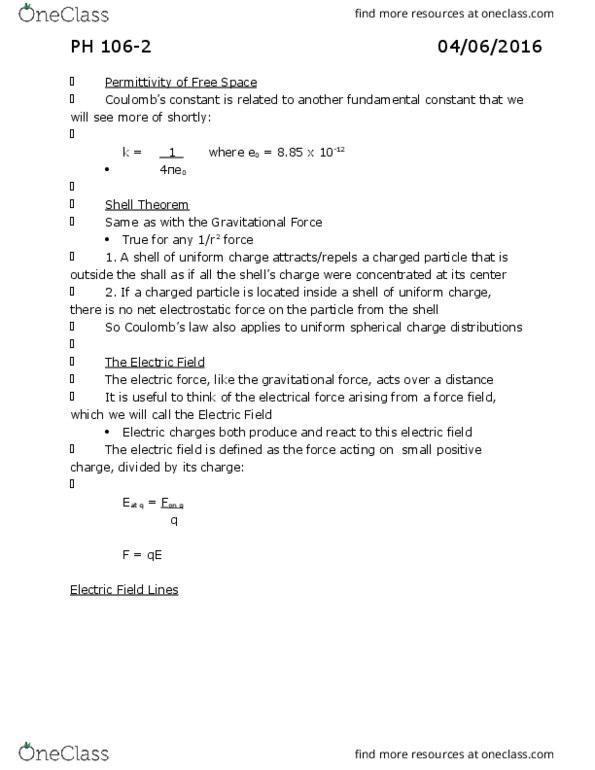 PH 106 Lecture Notes - Lecture 2: Permittivity, Electric Field, Test Particle thumbnail
