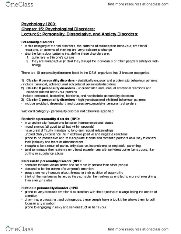 PSYC 1204 Lecture Notes - Lecture 2: Cluster B Personality Disorders, Histrionic Personality Disorder, Borderline Personality Disorder thumbnail