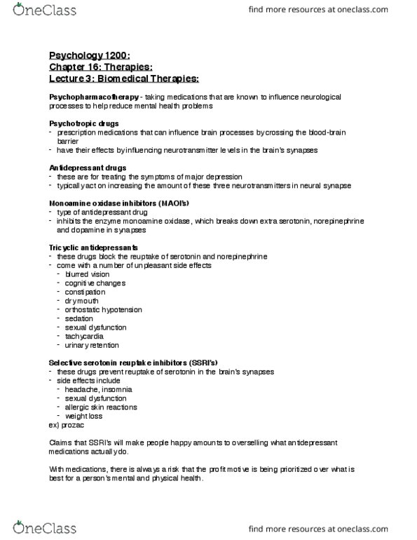 PSYC 1204 Lecture Notes - Lecture 3: Monoamine Oxidase, Tricyclic Antidepressant, Orthostatic Hypotension thumbnail