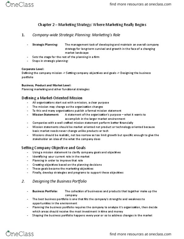 MCS 1000 Chapter Notes - Chapter 2: Boston Consulting Group, Market Segmentation, Marketing Strategy thumbnail