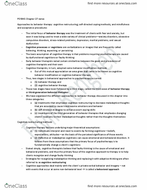PSYB45H3 Chapter Notes - Chapter 27: Cognitive Behavioral Therapy, Aaron T. Beck, Cognitive Restructuring thumbnail