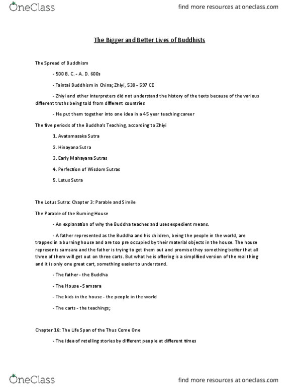 RELIGST 1J03 Lecture Notes - Lecture 11: Lotus Sutra, Mahayana Sutras, Zhiyi thumbnail