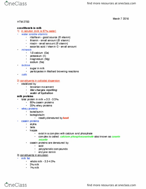 HTM 2700 Lecture Notes - Lecture 3: Skimmed Milk, Globules Of Fat, Maillard Reaction thumbnail