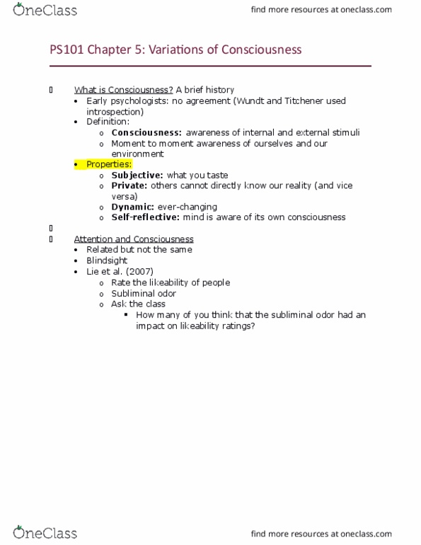 PS101 Lecture Notes - Lecture 5: Rapid Eye Movement Sleep, Circadian Rhythm, Hypnotic Susceptibility thumbnail