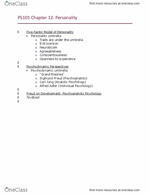 PS101 Lecture Notes - Lecture 12: Carl Jung, Sigmund Freud, Operant Conditioning Chamber thumbnail