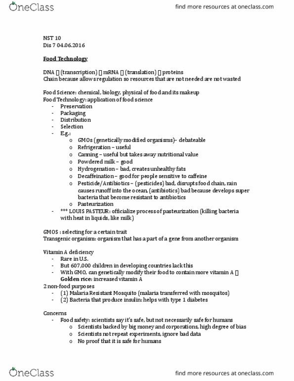 NUSCTX 10 Lecture Notes - Lecture 18: Genetically Modified Organism, Louis Pasteur, Powdered Milk thumbnail