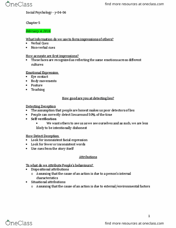 Psychology 2800 Lecture Notes - Lecture 5: Fundamental Attribution Error, Dispositional Attribution, Eye Contact thumbnail