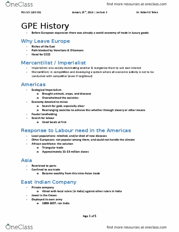 POLSCI 2J03 Lecture Notes - Lecture 3: Triangular Trade, Pound Sterling, Industrial Revolution thumbnail