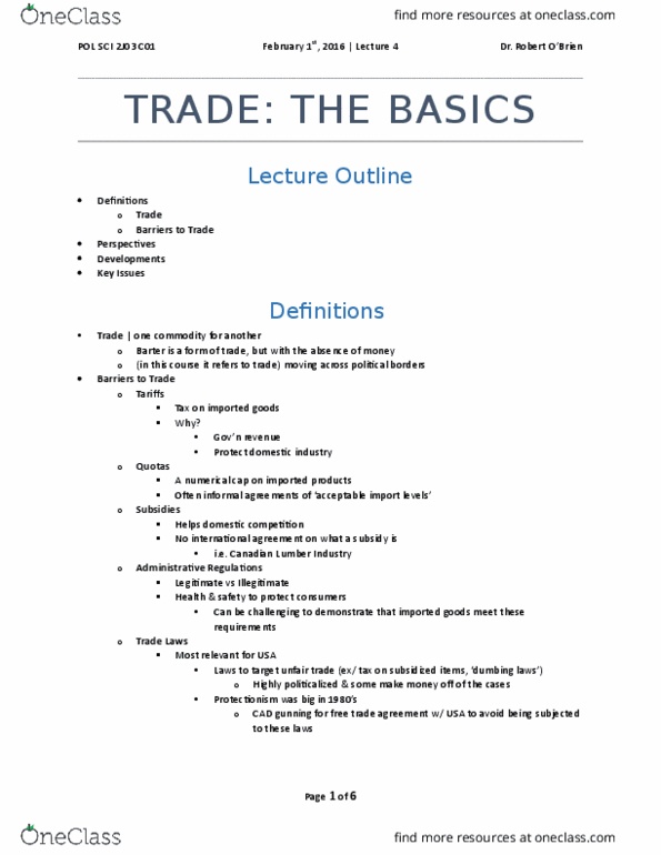 POLSCI 2J03 Lecture Notes - Lecture 4: Protectionism, General Agreement On Tariffs And Trade, Unequal Exchange thumbnail