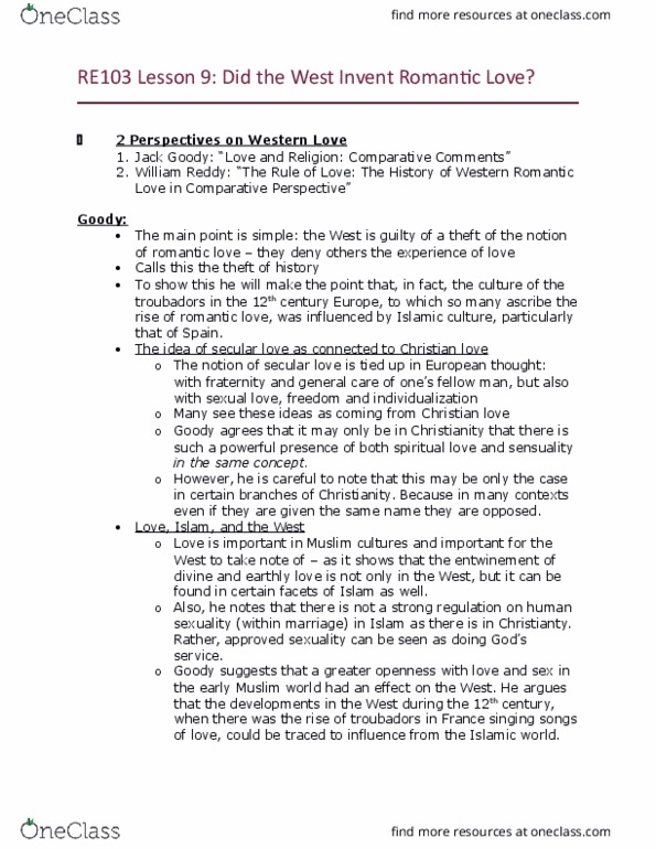 RE103 Lecture Notes - Lecture 9: Jack Goody, Earthly Love, The Main Point thumbnail