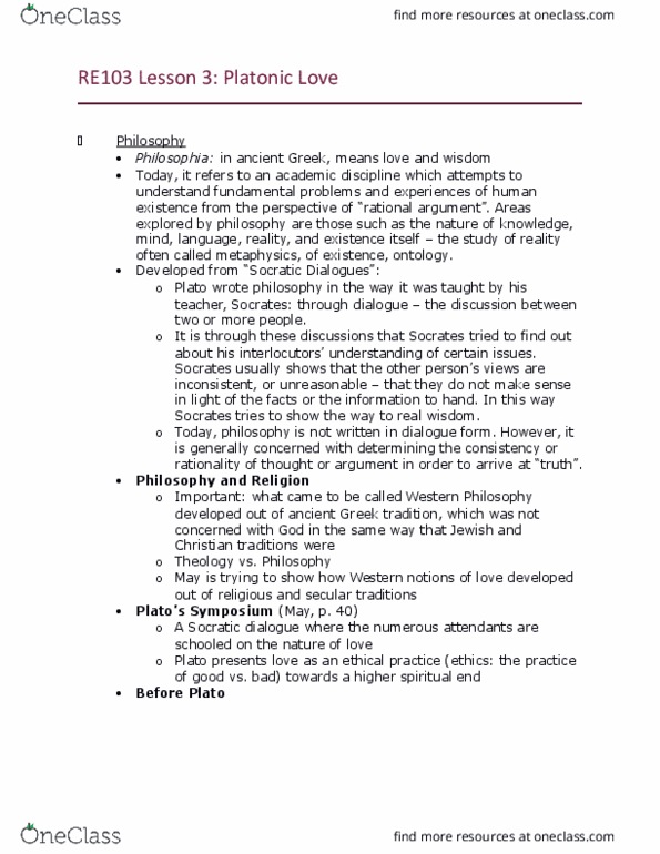 RE103 Lecture Notes - Lecture 3: Platonic Love, Socratic Dialogue, Major Religious Groups thumbnail