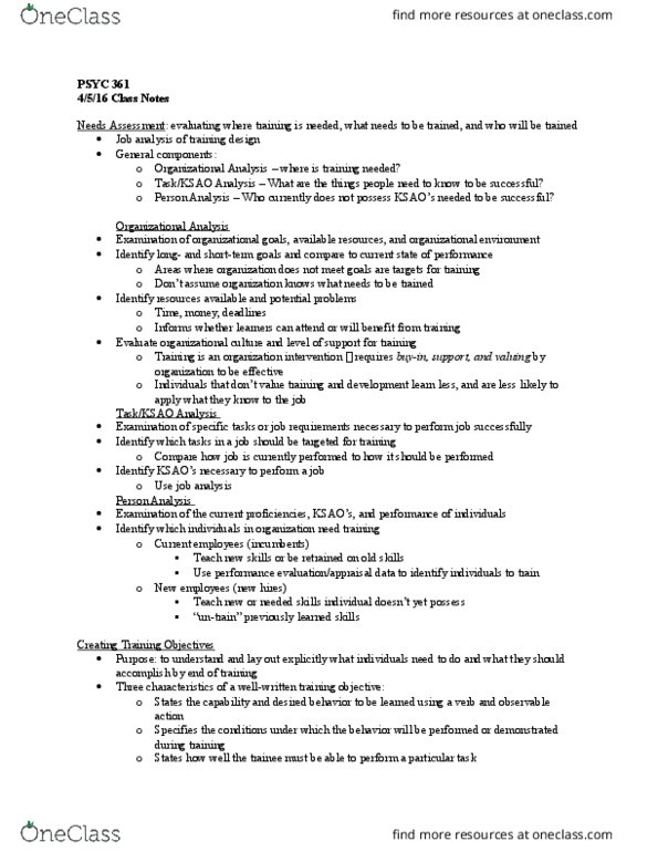 PSYC 361 Lecture Notes - Lecture 15: Job Analysis, Descriptive Knowledge, Job Performance thumbnail