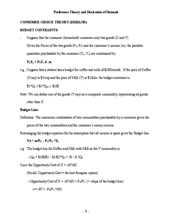 ECO100Y5 Lecture Notes - Budget Constraint, Indifference Curve, Opportunity Cost thumbnail