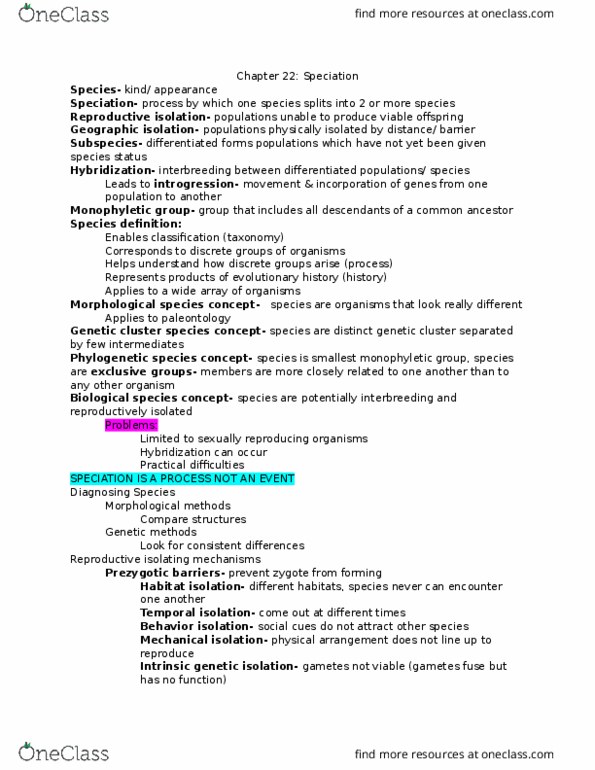 BIO 124 Lecture Notes - Lecture 5: Introgression, Reproductive Isolation, Speciation thumbnail