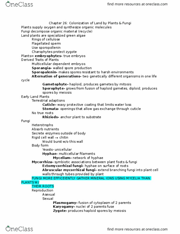 BIO 124 Lecture Notes - Lecture 9: Karyogamy, Plasmogamy, Sporopollenin thumbnail