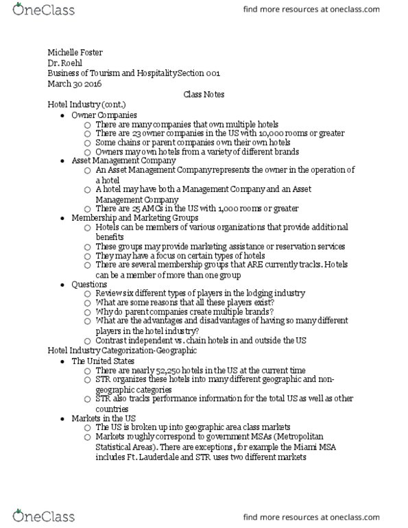 STHM 1311 Lecture Notes - Lecture 1: Extended Stay America, Hotel Indigo thumbnail