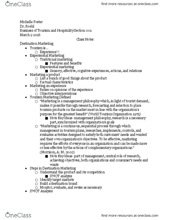 STHM 1311 Lecture Notes - Lecture 1: World Tourism Organization, Engagement Marketing, Swot Analysis thumbnail