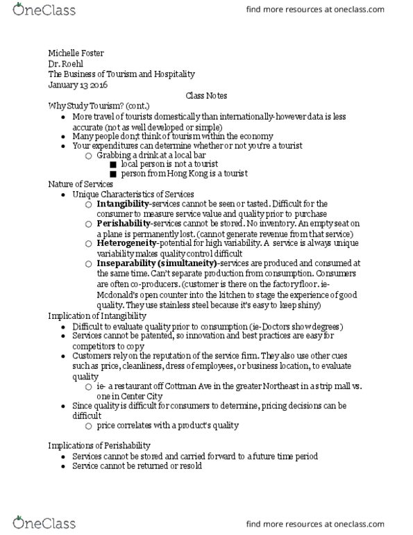 STHM 1311 Lecture Notes - Lecture 1: Stainless Steel, Strip Mall, Intangibility thumbnail