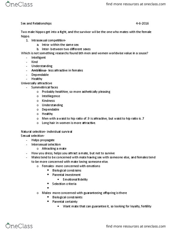 PSYC 100 Lecture Notes - Lecture 10: Long Hair, Parental Investment, Sexual Selection thumbnail