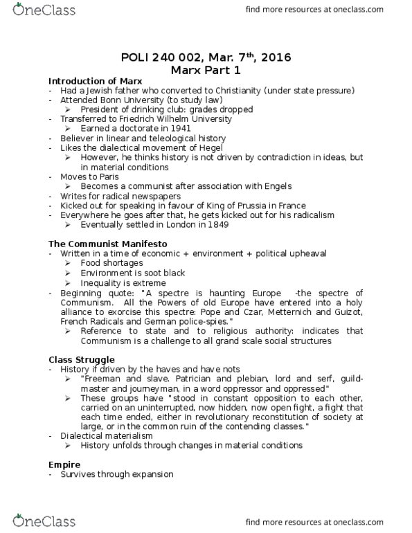 POLI 240 Lecture Notes - Lecture 28: The Communist Manifesto, University Of Bonn, Holy Alliance thumbnail