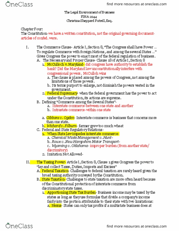 FINA 2244 Lecture Notes - Lecture 4: Federal Election Commission, Commerce Clause, Equal Protection Clause thumbnail