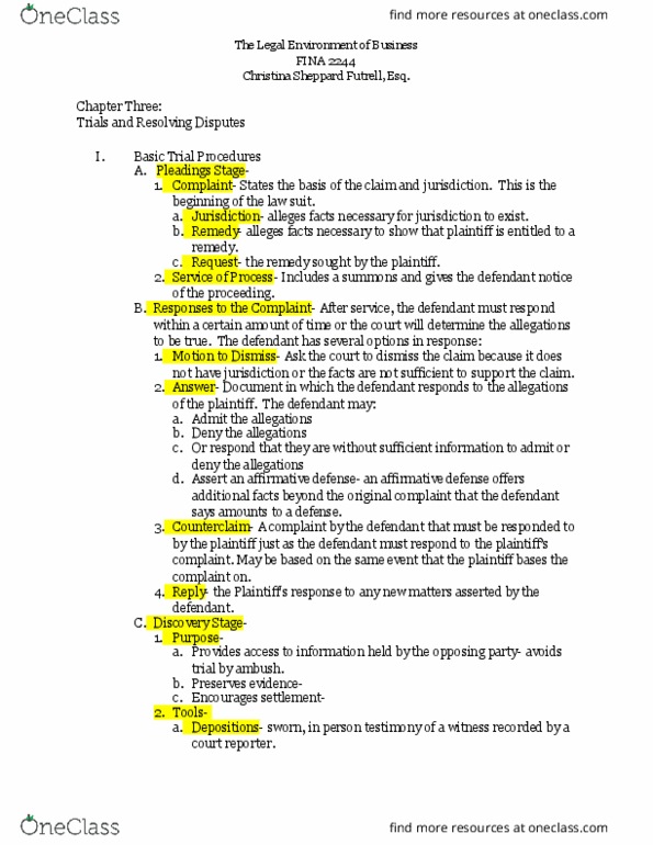 FINA 2244 Lecture Notes - Lecture 3: United States Court Of Appeals For The Seventh Circuit, Alternative Dispute Resolution, Equitable Remedy thumbnail