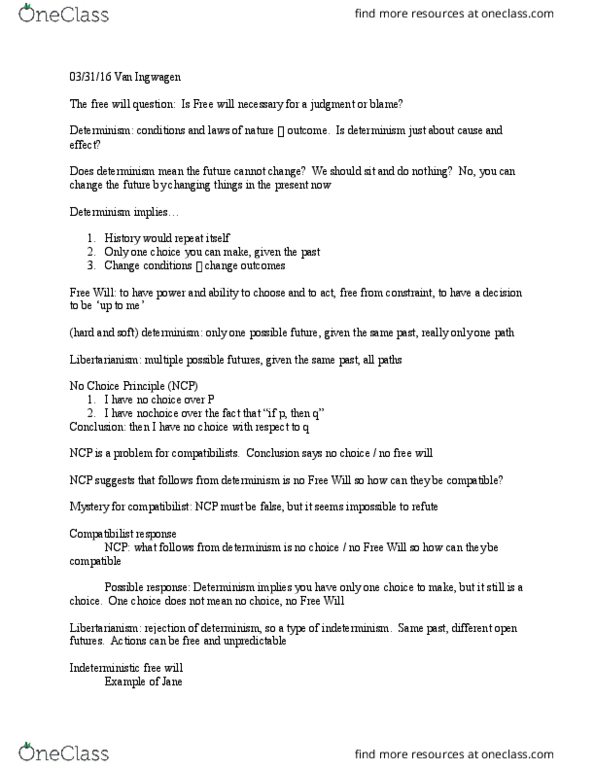 CAS PH 100 Lecture Notes - Lecture 17: Compatibilism, Consistency thumbnail