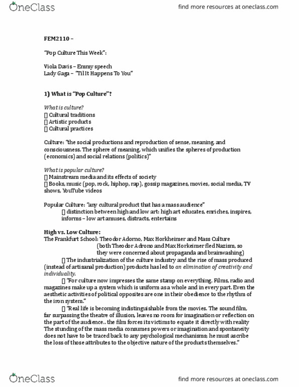 FEM 2110 Lecture Notes - Lecture 1: Frankfurt School, Theodor W. Adorno, Viola Davis thumbnail