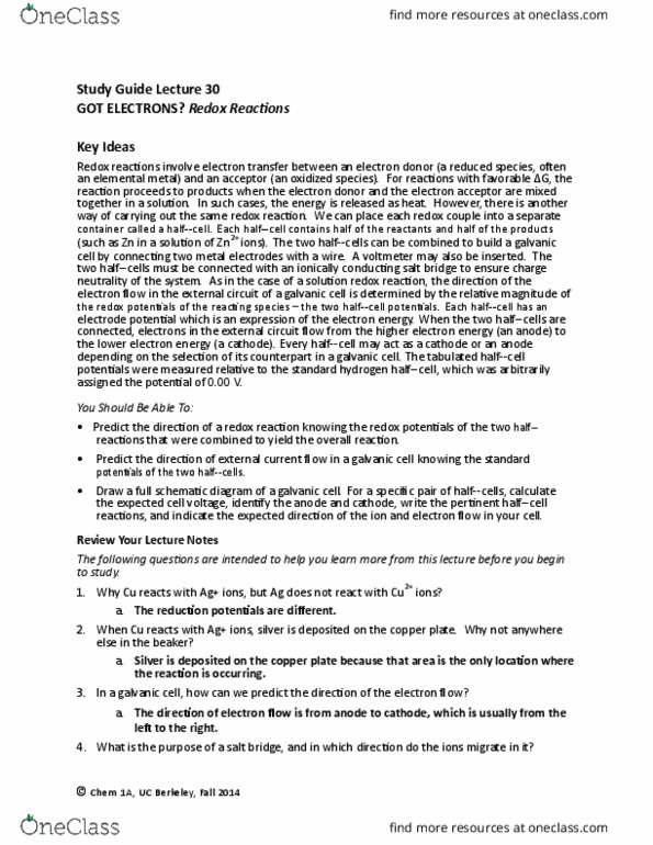 CHEM 1A Lecture Notes - Lecture 30: Standard Hydrogen Electrode, Galvanic Cell, Reduction Potential thumbnail