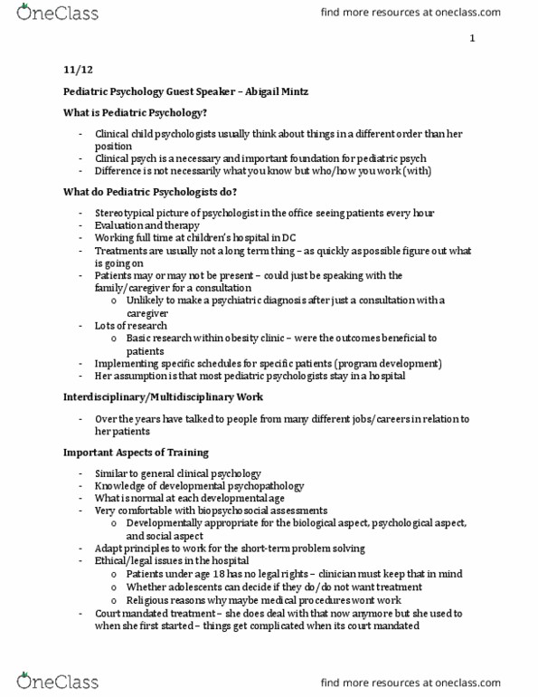 PSYC 330 Lecture Notes - Lecture 12: Child Life Specialist, Developmental Psychopathology, Glioma thumbnail