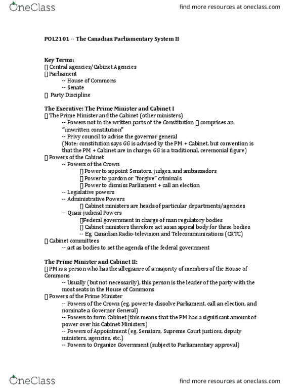 POL 2101 Lecture Notes - Lecture 11: Individual Ministerial Responsibility, Treasury Board, Grandfather Clause thumbnail