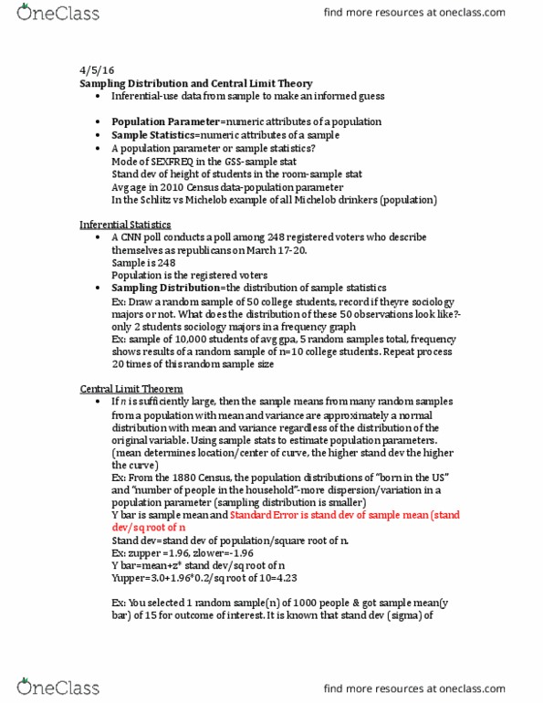 SOCI301 Lecture Notes - Lecture 9: Central Limit Theorem, Anheuser-Busch Brands, Statistical Parameter thumbnail