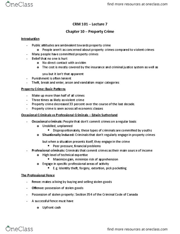 CRM 101 Lecture Notes - Lecture 7: Property Crime, Edwin Sutherland, Identity Theft thumbnail