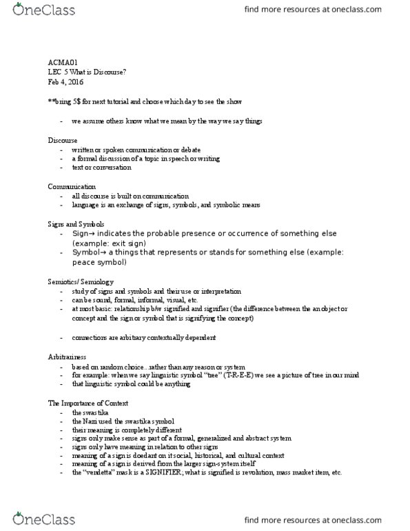 ACMA01H3 Lecture Notes - Lecture 5: Peace Symbols, Semiotics, Arbitrariness thumbnail