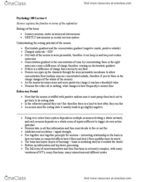 PSY100H1 Lecture Notes - Lecture 4: Learned Helplessness, Semipermeable Membrane, Resting Potential thumbnail