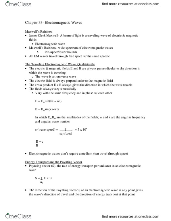 PH 106 Chapter Notes - Chapter 33: Poynting Vector, James Clerk Maxwell, Transverse Wave thumbnail